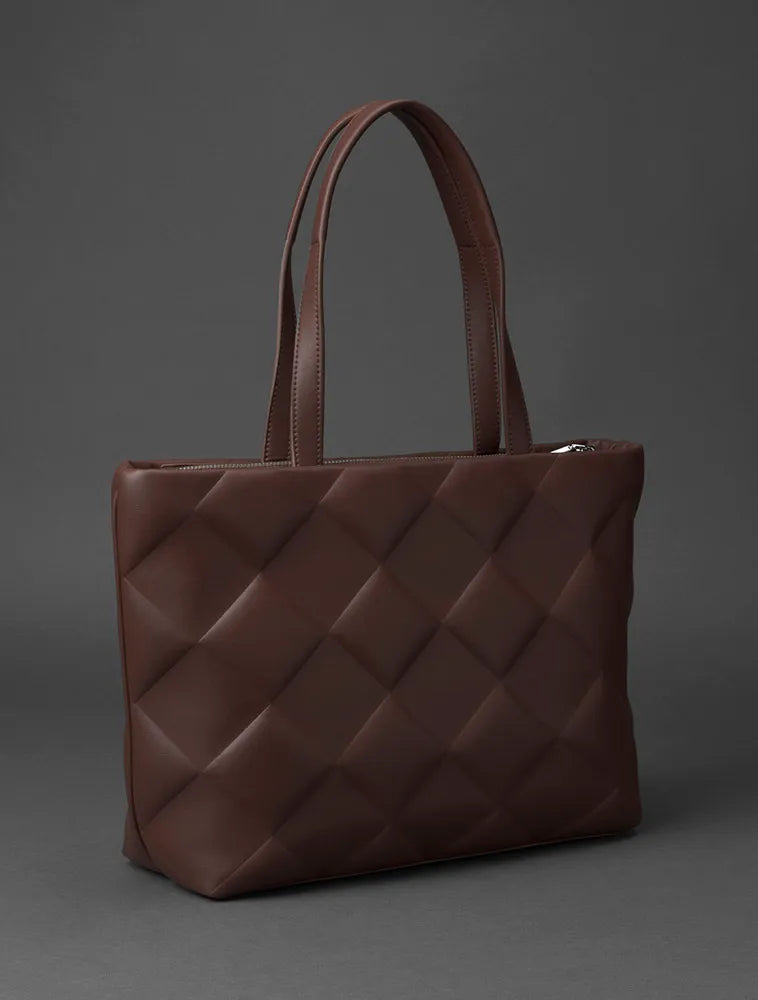 Geantă Calvin Klein Shopper, damă, cu textură, mâner scurt și logo metalic, culoare Terra