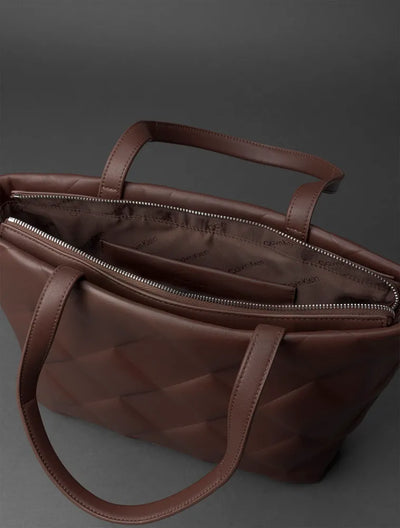 Geantă Calvin Klein Shopper, damă, cu textură, mâner scurt și logo metalic, culoare Terra