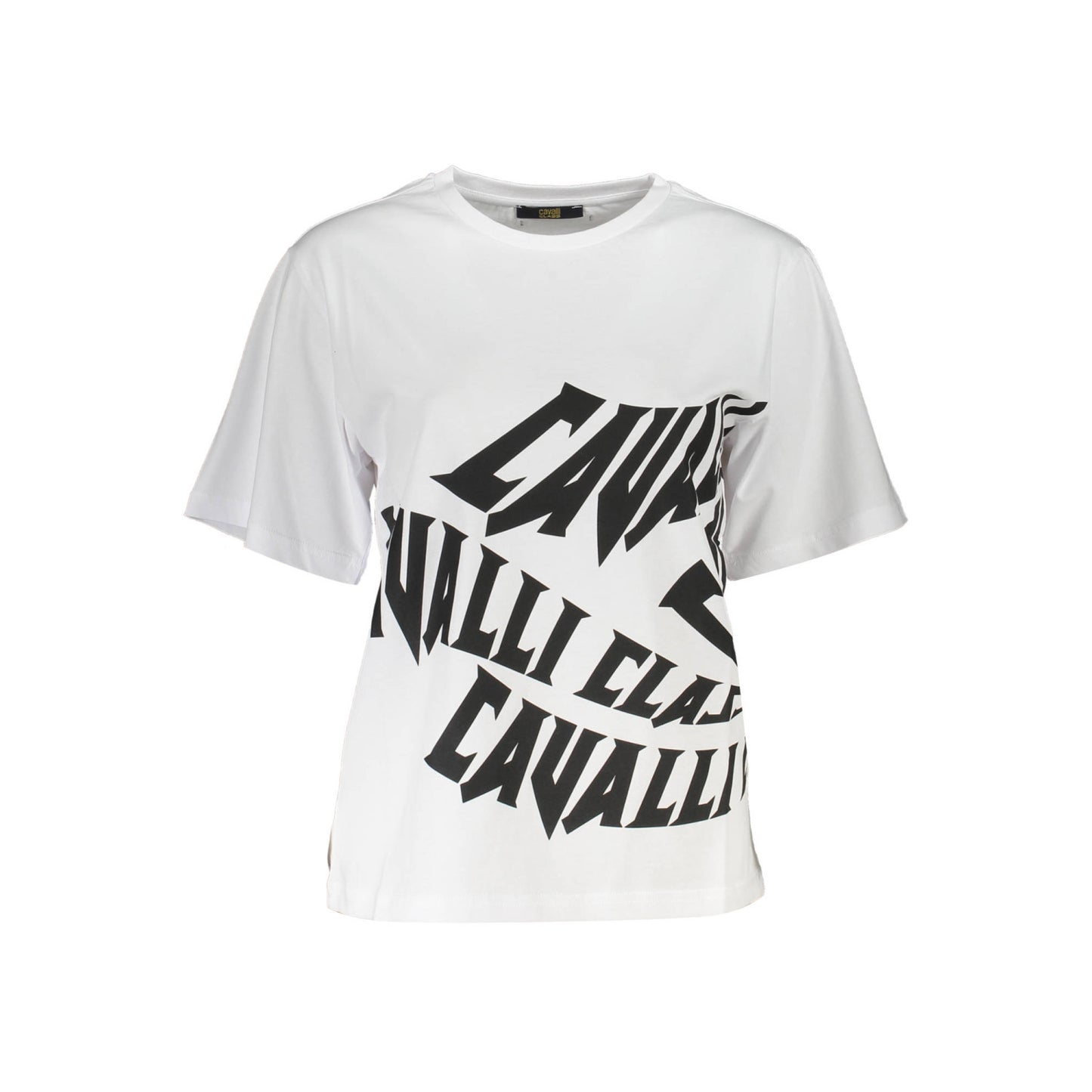 Tricou Cavalli Class, alb, regular fit, 100% bumbac, cu imprimeu și logo