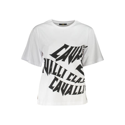 Tricou Cavalli Class, alb, regular fit, 100% bumbac, cu imprimeu și logo