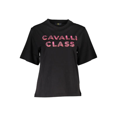 Tricou Cavalli Class, negru, regular fit, 100% bumbac, cu imprimeu și logo