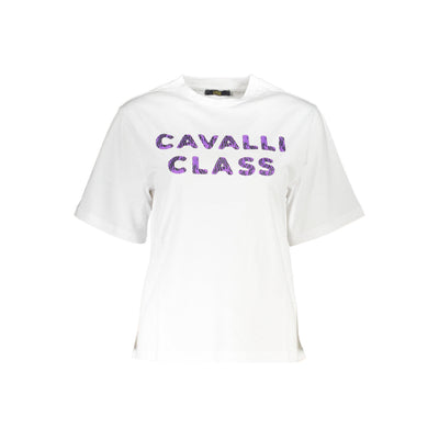 Tricou Cavalli Class, alb, regular fit, 100% bumbac, cu imprimeu și logo